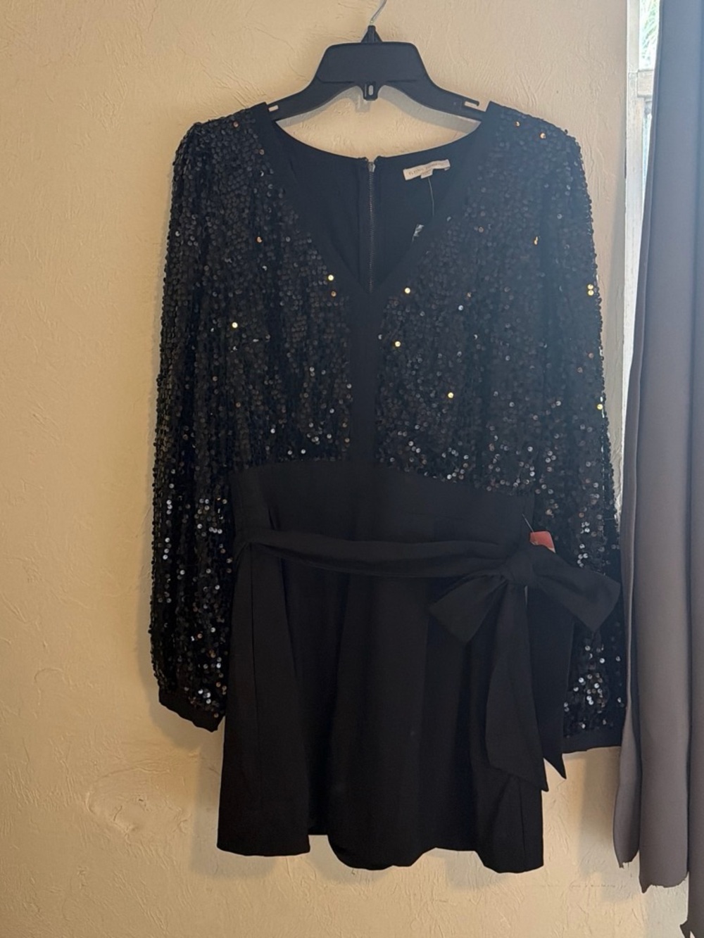 Flying Tomato Black Sequin Long-Sleeve Tie-Waist Romper